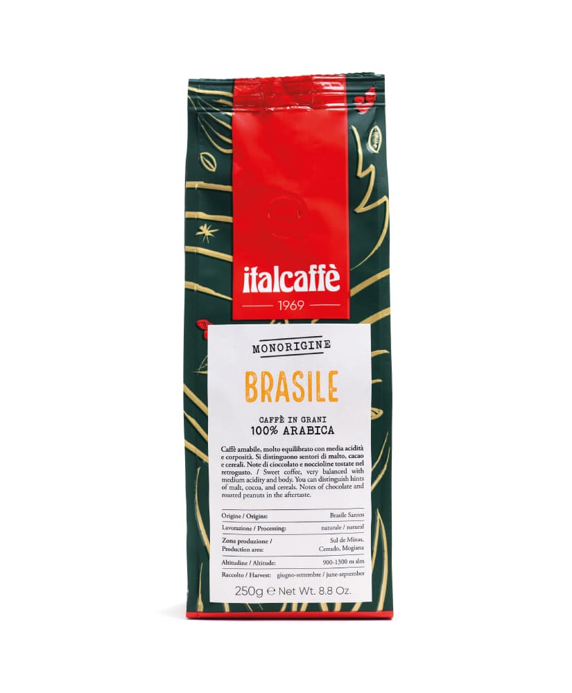 Caffè in grani Arabica Brasile Santos Italcaffè 250g Espresso Italiano fronte